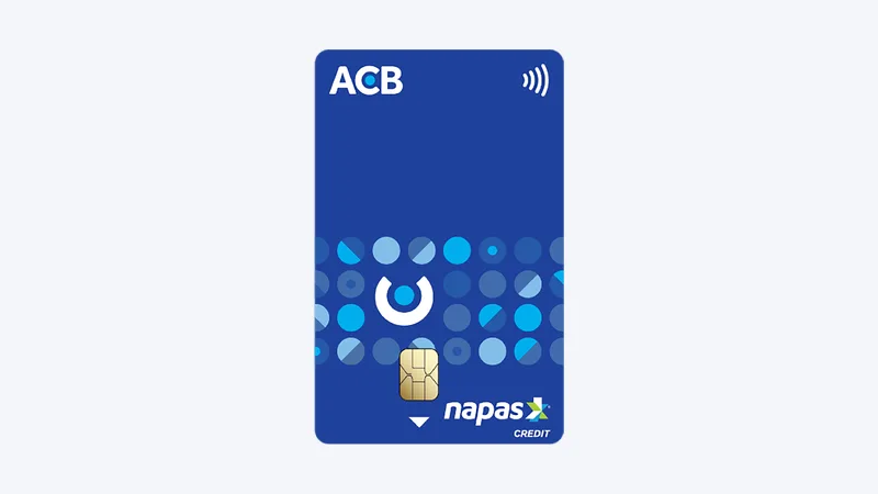 Mặt trước thẻ tín dụng nội địa ACB Express màu xanh, logo Napas Credit