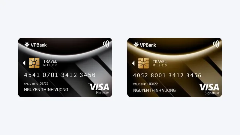 Mặt trước thẻ VPBank Visa Platinum Travel Miles màu đen và Visa Signature Travel Miles màu vàng đồng
